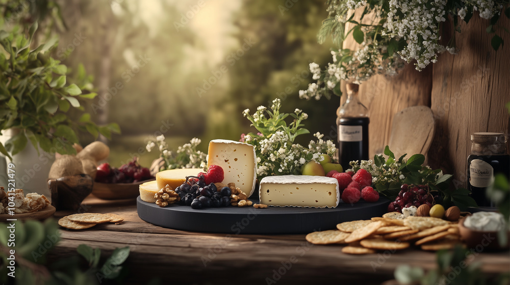 Fototapeta premium A wooden tray with a variety of cheeses, fruits, and nuts. The tray is set on a wooden table