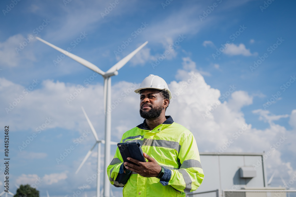A man in a yellow safety vest is holding a tablet while standing in front of a wind turbine. electrical, engineer, environment, energy, clean, sustainable, wind turbine, nature A man in a yellow safety vest is holding a tablet while standing in front of a wind turbine. electrical, engineer, environment, energy, clean, sustainable, wind turbine, nature