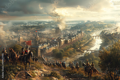 Waterloo battle of Bonaparte Napoleon Emperor of France in Europe. An army in field fights in smoke, fire with guns.