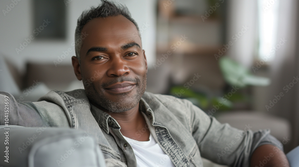 Relaxed middle-aged Black man smiling, sitting on a couch at home. Relaxed middle-aged Black man smiling, sitting on a couch at home.