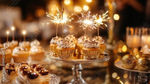 Glamorous New Year's Eve party setup with a dessert table featuring cupcakes decorated with sparklers and festive decorations