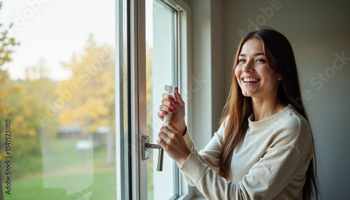 Young happy woman cleaning window glass at home. Copy space, woman looking out window