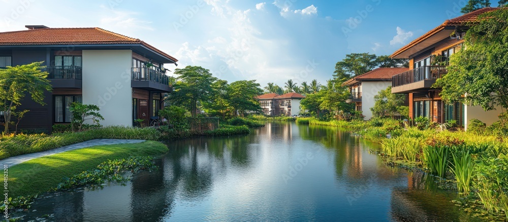 Modern waterfront homes with manicured landscaping. Modern waterfront homes with manicured landscaping.