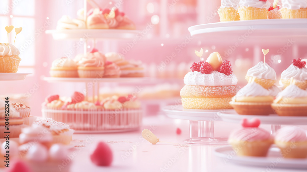 A close up of a bakery with a pink background and a variety of cupcakes and cakes. The cupcakes are arranged on different levels and have different flavors and toppings. Scene is sweet and inviting A close up of a bakery with a pink background and a variety of cupcakes and cakes. The cupcakes are arranged on different levels and have different flavors and toppings. Scene is sweet and inviting