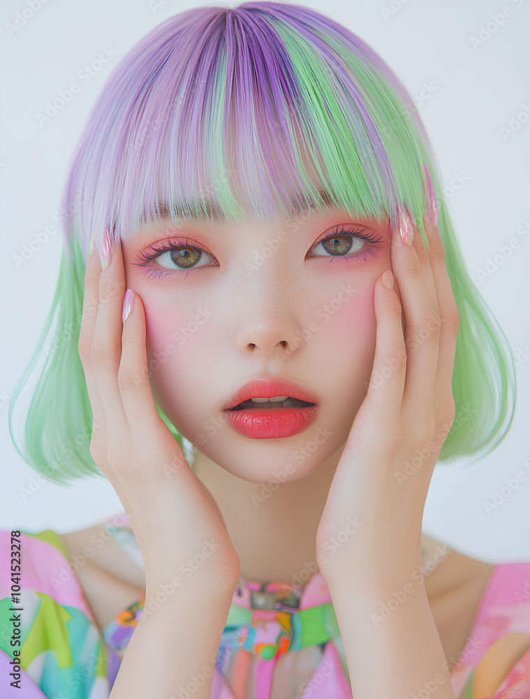 A close-up portrait of a young woman with green and purple hair, showcasing her makeup and nails. A close-up portrait of a young woman with green and purple hair, showcasing her makeup and nails.