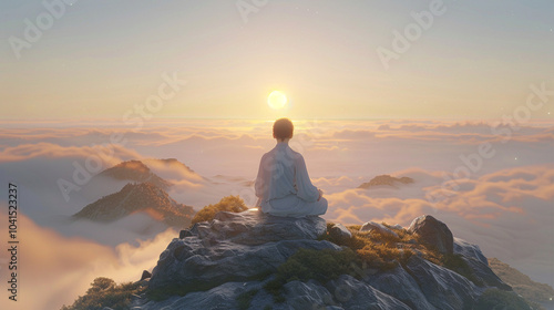 A serene figure sits on top of a mountain at sunrise, with a clear, wide horizon stretching out before them. Around the figure, symbols of peace