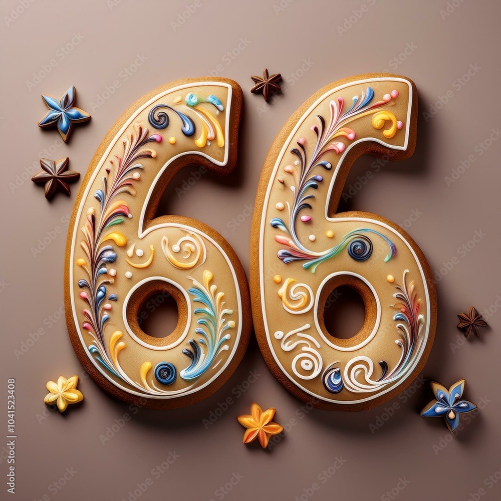 Decorated cookie, number 66, image for birthday or anniversary celebration Decorated cookie, number 66, image for birthday or anniversary celebration