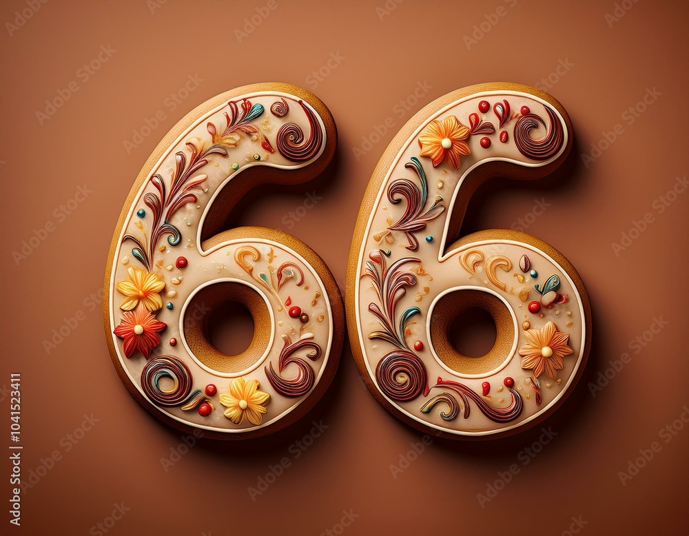 Decorated cookie, number 66, image for birthday or anniversary celebration Decorated cookie, number 66, image for birthday or anniversary celebration
