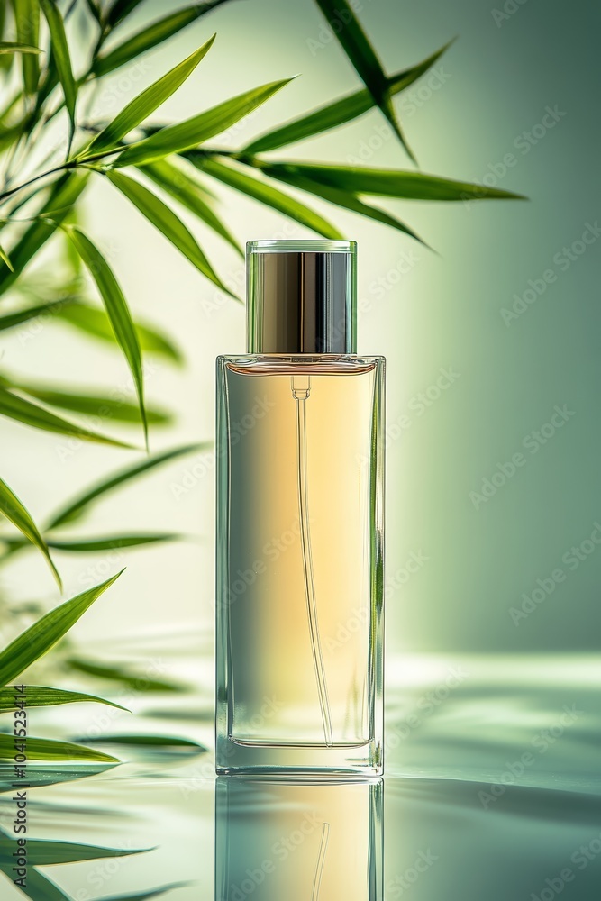 Elegant glass perfume bottle surrounded by fresh greenery, highlighting luxury and nature. Elegant glass perfume bottle surrounded by fresh greenery, highlighting luxury and nature.