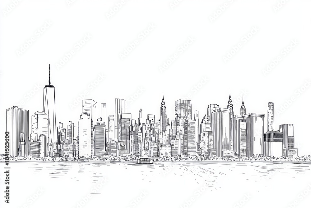 Vector line drawing of a city skyline on a white background, in a simple minimalistic style. Vector line drawing of a city skyline on a white background, in a simple minimalistic style.