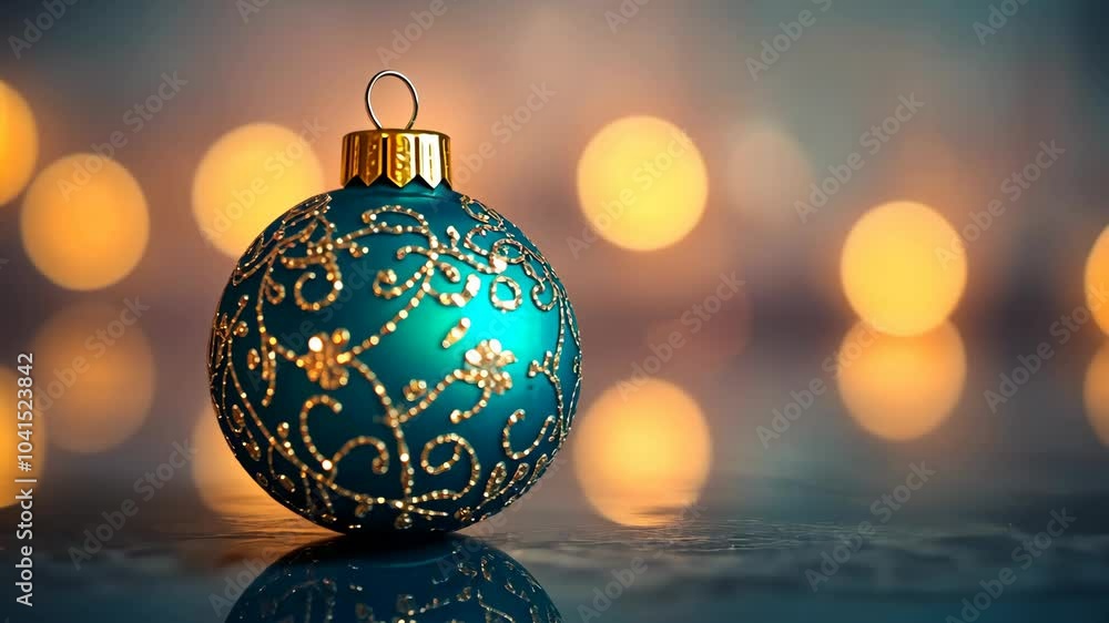 A teal Christmas ornament with a gold design sits in front of a blurred background of golden lights A teal Christmas ornament with a gold design sits in front of a blurred background of golden lights