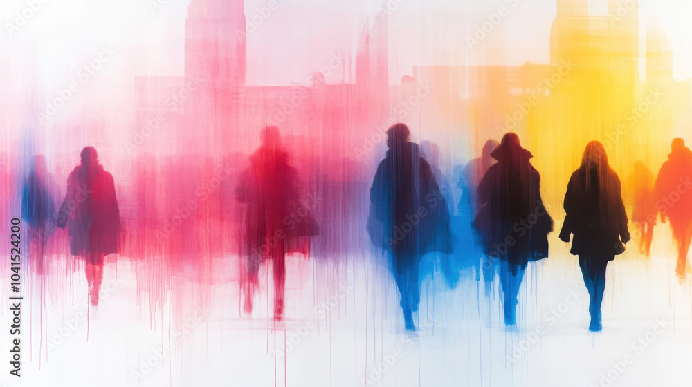 vibrant and abstract depiction of people walking in city, blending colors of red, blue, and yellow, creating sense of movement and energy vibrant and abstract depiction of people walking in city, blending colors of red, blue, and yellow, creating sense of movement and energy