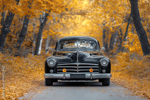 classic car on road with autumn landscape . AI generative.