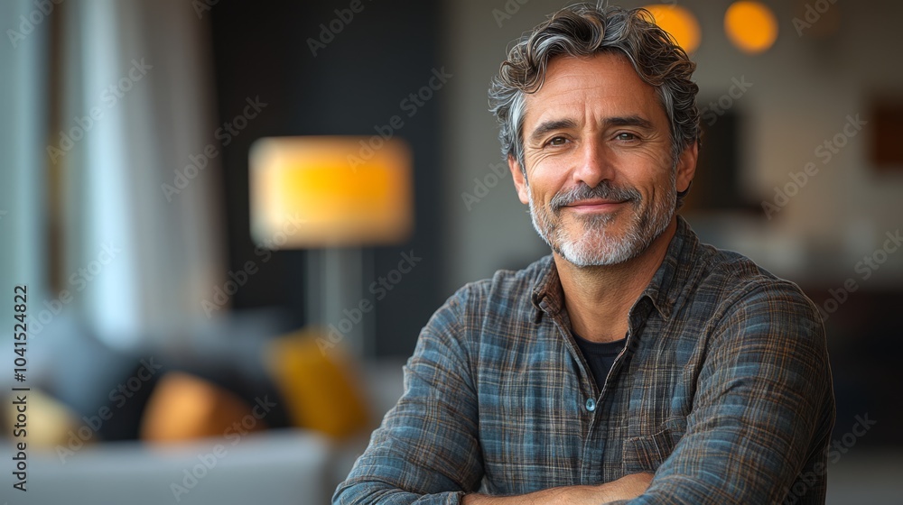 Man Smiling in Plaid Shirt in Thanksgiving Atmosphere.. Man Smiling in Plaid Shirt in Thanksgiving Atmosphere..