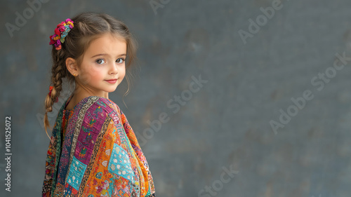 French little girl in traditional kaftan cloth made from luxury fabric photo