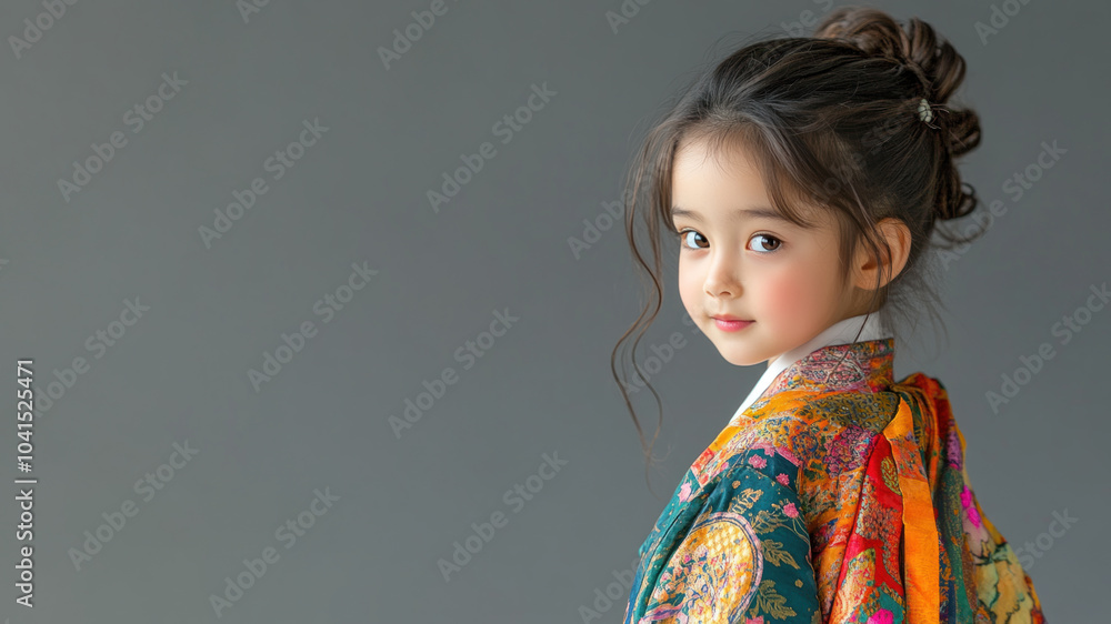 Korean little girl in traditional kaftan cloth made from luxury fabric