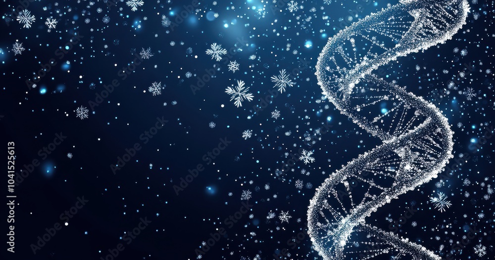 Obraz premium artwork featuring a white spiral DNA structure with snowflakes on a dark blue background evoking concepts of winter, technology, and science