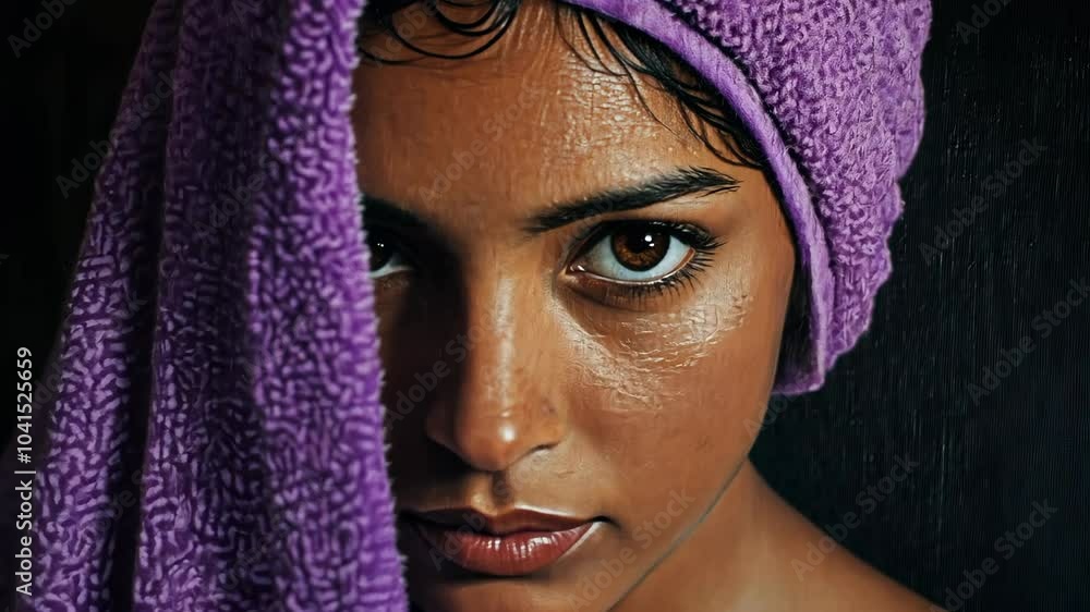 A woman with wet hair, wearing a purple towel, stares intensely into the camera A woman with wet hair, wearing a purple towel, stares intensely into the camera