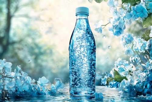 A clear glass bottle filled with sparkling mineral water, decorated with blue flowers. photo