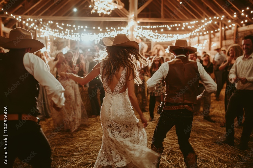 Obraz premium Rustic wedding celebration with lively dancing under twinkling lights