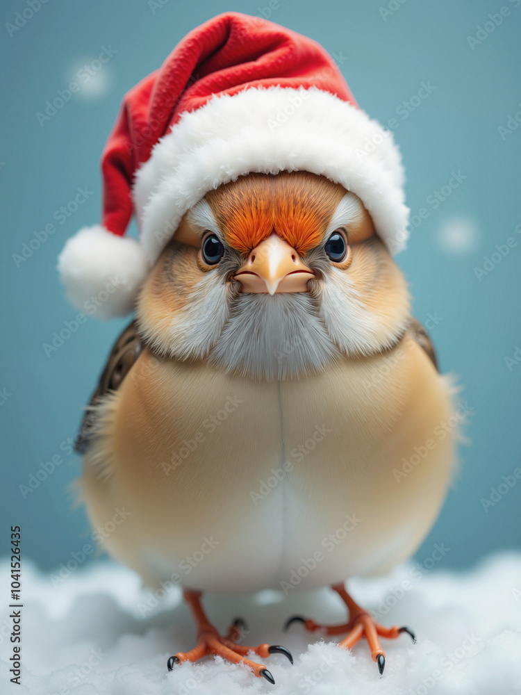 Bird wearing santa hat standing on snow during christmas Bird wearing santa hat standing on snow during christmas