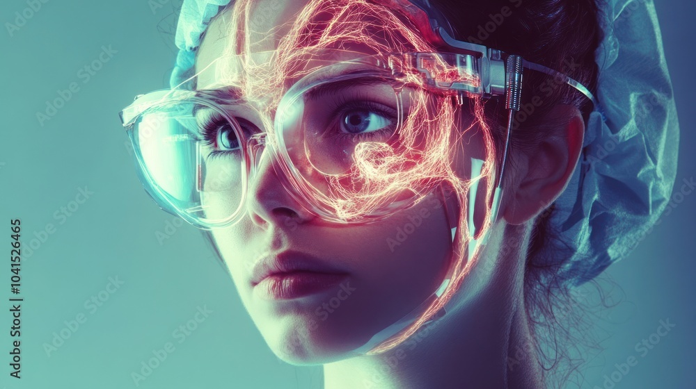Woman in futuristic goggles with a glowing effect. Woman in futuristic goggles with a glowing effect.