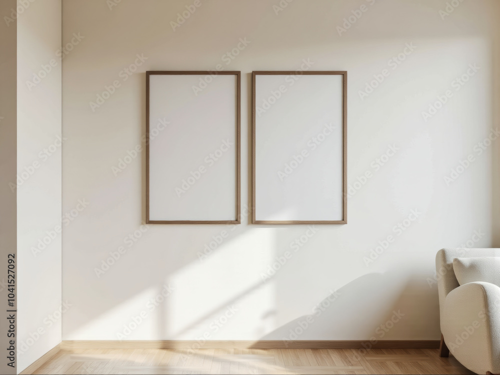 Two A3 blank posters wooden frame mockup hanging on a white wall, boho and scandinavian interior, minimalist decor. Frame mockup Two A3 blank posters wooden frame mockup hanging on a white wall, boho and scandinavian interior, minimalist decor. Frame mockup