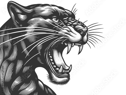 fierce roar growling panther head. Tattoo design, evoking a wild and powerful presence sketch engraving generative ai vector illustration. Scratch board imitation. Black and white image.