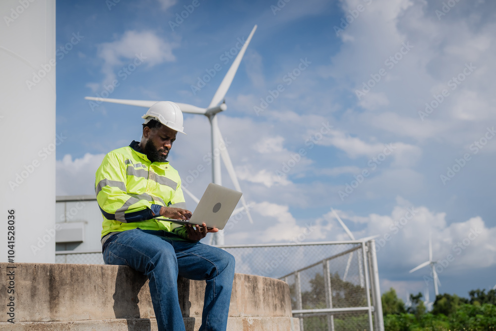 A man in a yellow vest is sitting on a ledge and working on a laptop. The sky is blue with some clouds. electrical, engineer, environment, energy, clean, sustainable, wind turbine, nature A man in a yellow vest is sitting on a ledge and working on a laptop. The sky is blue with some clouds. electrical, engineer, environment, energy, clean, sustainable, wind turbine, nature
