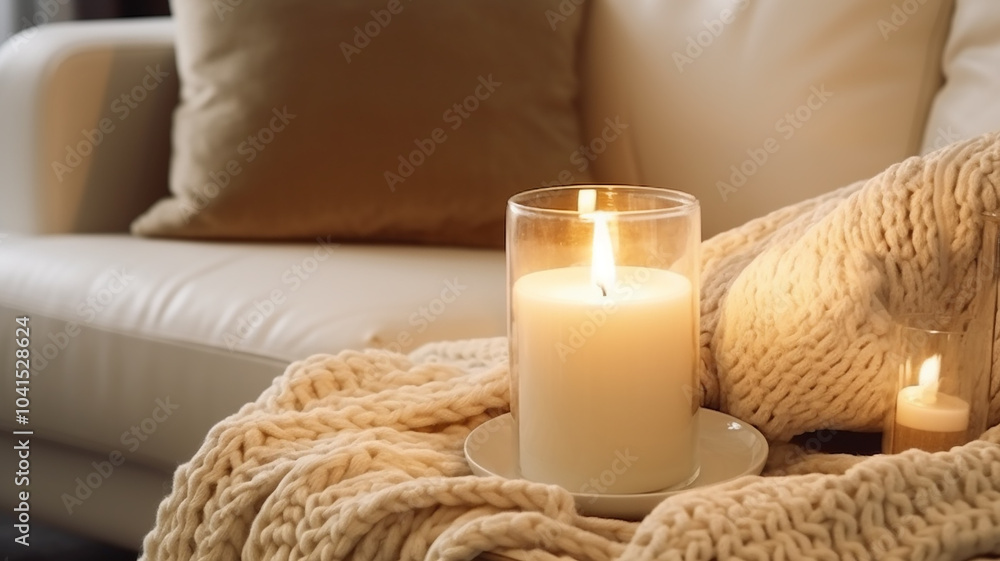 Burning candles in a cozy room interior in light beige colors in daylight Burning candles in a cozy room interior in light beige colors in daylight