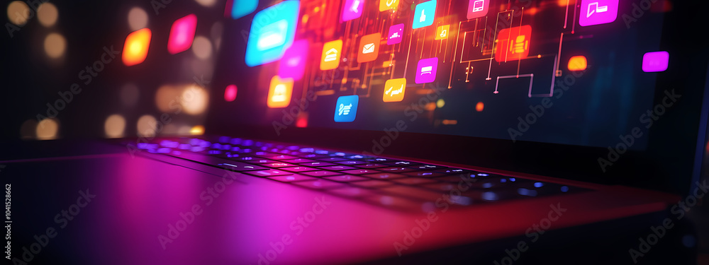 Holographic Icons Above Laptop in Digital Realm Holographic Icons Above Laptop in Digital Realm