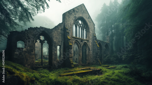 A historic European abbey in a misty forest clearing, showcasing ancient stone walls and Gothic windows in clear detail. v2