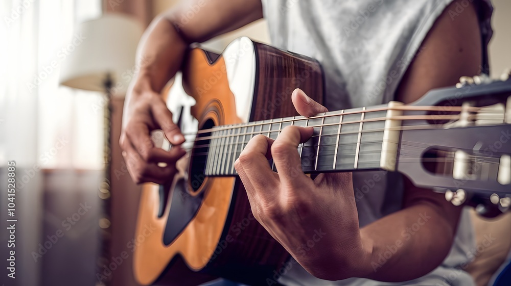 Close-up of a person’s hands playing an acoustic guitar Close-up of a person’s hands playing an acoustic guitar