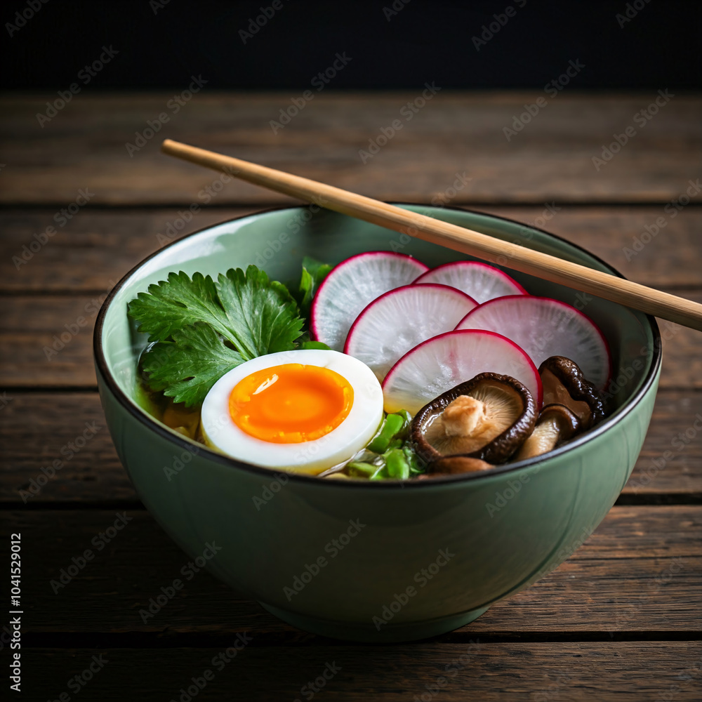 A bowl of ramen with noodles, egg, mushrooms, radish, and broth A bowl of ramen with noodles, egg, mushrooms, radish, and broth