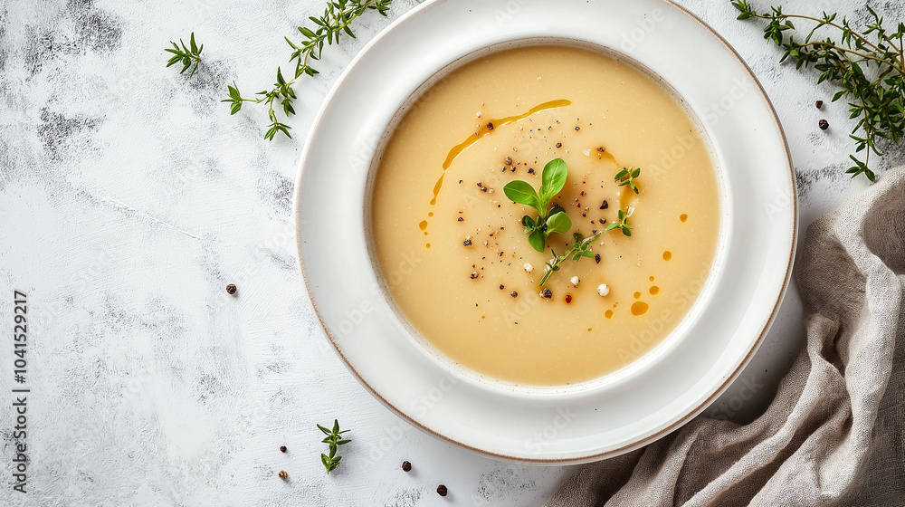 cream soup, fine dining dish, warm soup, potato soup in a white bowl, appetizer cream soup, fine dining dish, warm soup, potato soup in a white bowl, appetizer