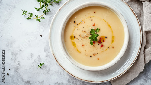 cream soup, fine dining dish, warm soup, potato soup in a white bowl, appetizer