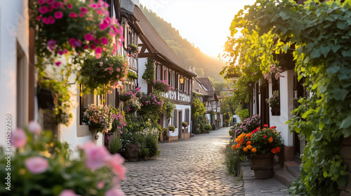 A street with a cobblestone walkway lined with flower pots and houses. The street is lined with flowers and has a warm, inviting atmosphere