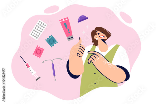 Girl recommends female contraception and shows thumbs up, promoting protected sex