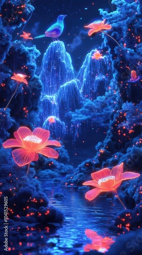 Design a surreal world with neon flowers, holographic mountains, and light birds photo