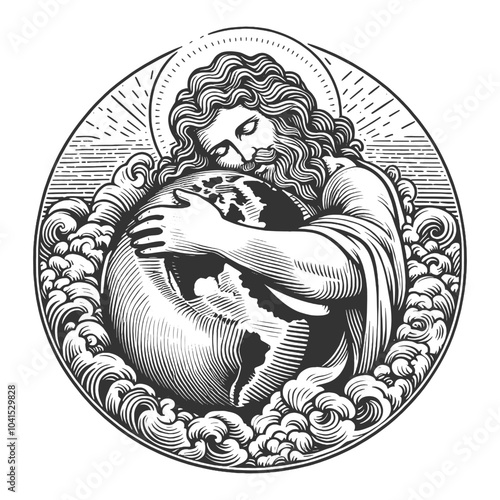 Jesus Christ God lovingly embracing Earth, symbolizing compassion, unity, care for the world, depicted in a classic, spiritual style sketch engraving generative ai vector illustration. Black and white