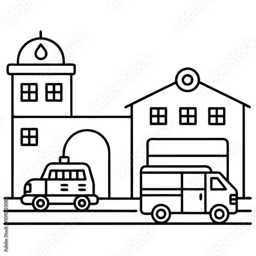 Fire Station line art vector Illustration Isolated white background.