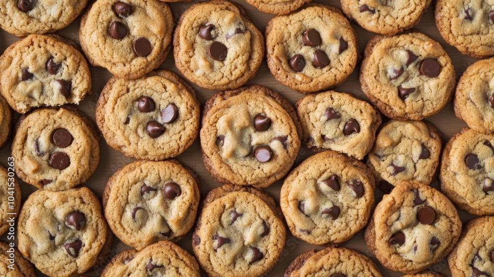 A seamless spread of freshly baked chocolate chip cookies, tightly packed together to fill the entire frame with their golden-brown, sweet texture. A seamless spread of freshly baked chocolate chip cookies, tightly packed together to fill the entire frame with their golden-brown, sweet texture.