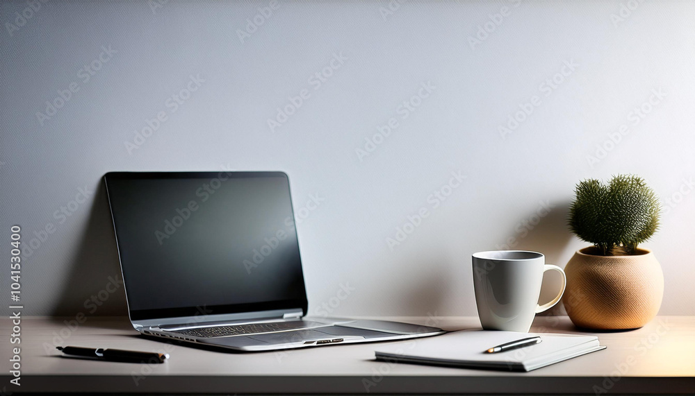 a work desk. Office desk setup with laptop, coffee cup, pen and notebook, all in a minimalist style. on side position provides copy space for text. background concept isolated white a work desk. Office desk setup with laptop, coffee cup, pen and notebook, all in a minimalist style. on side position provides copy space for text. background concept isolated white