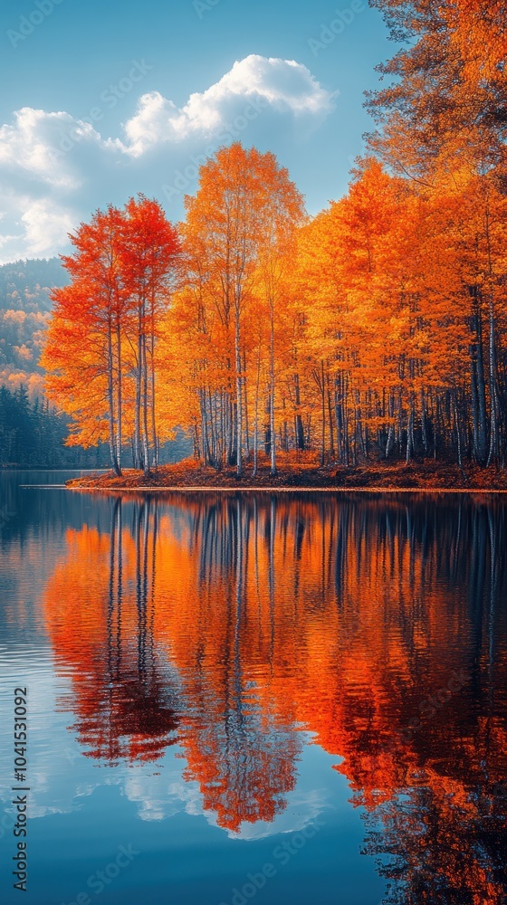 Autumn Forest Reflection in a Still Lake - Realistic Image Autumn Forest Reflection in a Still Lake - Realistic Image