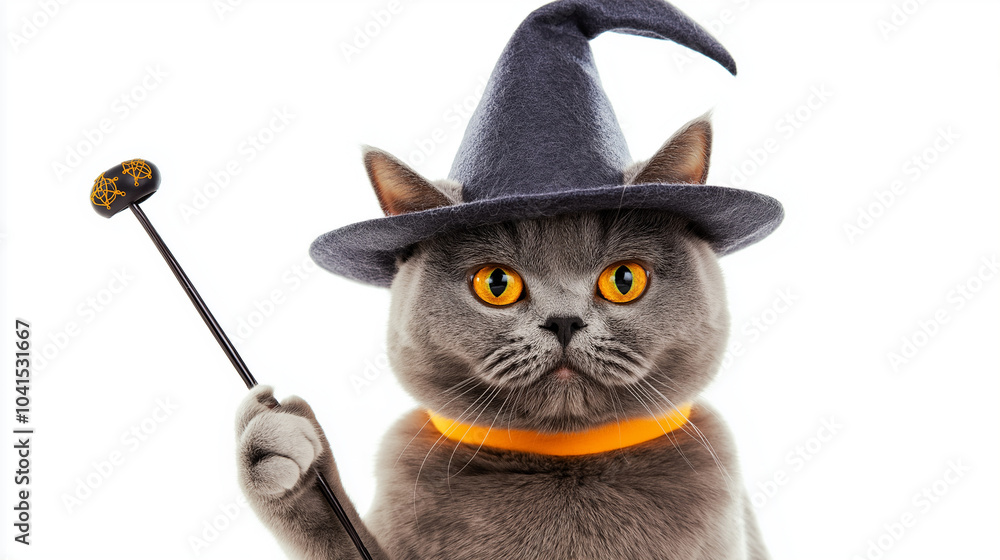 Fototapeta premium halloween cat with hat, magical cat, wizard, British Shorthair wearing a wizard hat, cat holding a magic wand, fantasy, magic