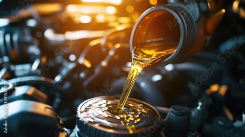 Pouring motor oil into a car engine Bright yellow liquid contrasts with backlighting Concept of vehicle maintenance or servicing photo