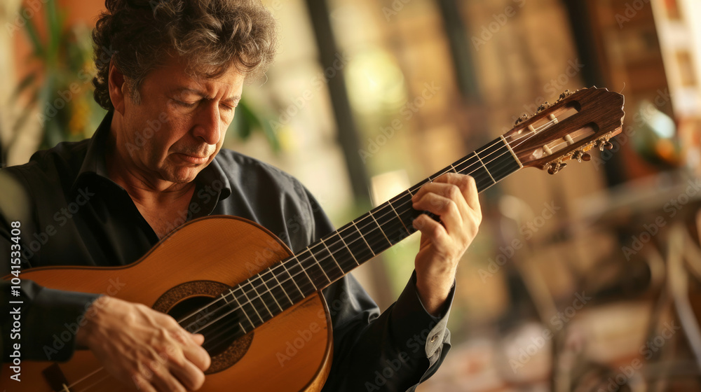 Fototapeta premium Guitar player performing in a cozy indoor space, showcasing deep focus and musical passion during an intimate moment