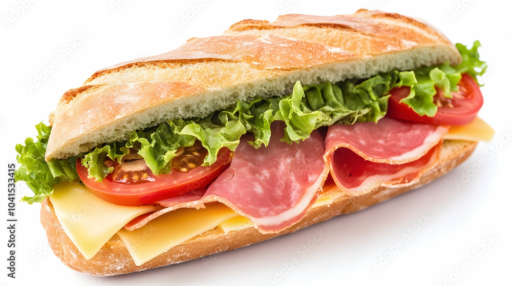 Fresh sandwich with ham, cheese, and tomatoes isolated on white background - Fresh sandwich with ham, cheese, and tomatoes isolated on white background -