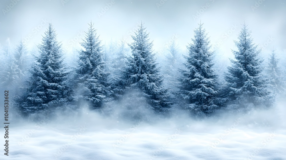 Fototapeta premium A peaceful winter forest with snow-covered trees, a soft watercolor style creating a serene winter background, snow gently falling over the scene