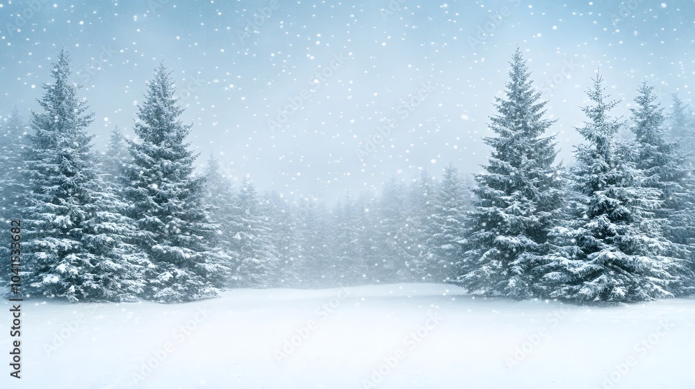Fototapeta premium Papercut style winter background featuring tall evergreen trees, a snowy forest floor, and a soft sky filled with snowflakes